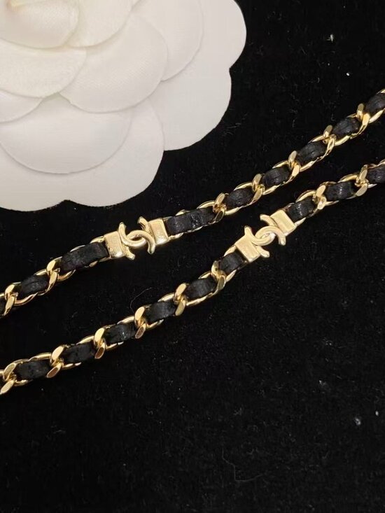Chanel Double Chain Leather Necklace – KMK Luxury Consignment Chanel Iconic Leather-Threaded Gold Chain Double Necklace